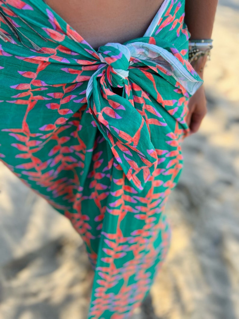 Sarong Organic Cotton Gauze Emerald Green, Tropical Leaves, Beach Cover up, Heliconia Tropical Florals, Kelly Green image 3