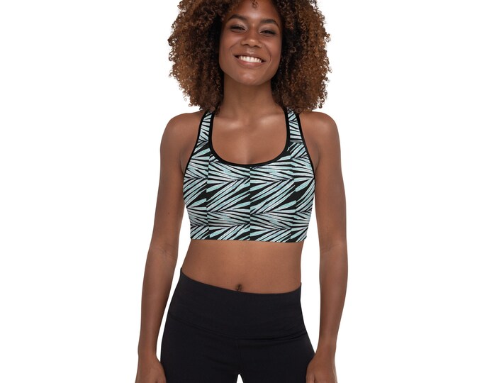 Women's Padded Sports Bra, Black Palm Leaf Print