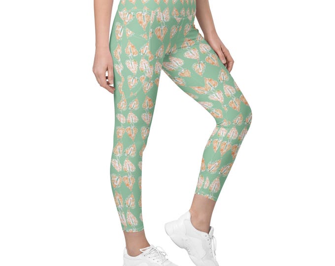Leggings With Pockets Mint Green Anthurium, Floral Print, Size Inclusive, Plus Size, lime cream