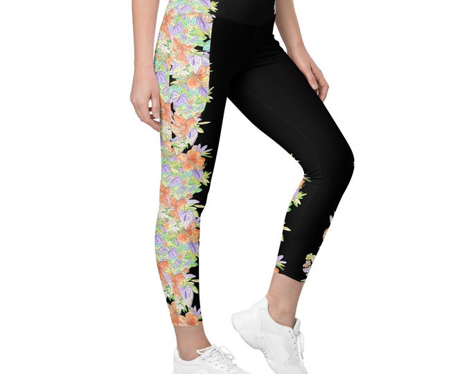 Leggings With Pockets Black Tropical Print , Size Inclusive, Plus Size