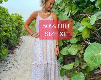 50% off !! Was 89.00 NOW 44.50 Tropical Coral Palm Leaf Print Ruffle Flowy Maxi Dress
