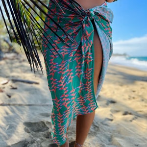 Sarong Organic Cotton Gauze Emerald Green, Tropical Leaves, Beach Cover up, Heliconia Tropical Florals, Kelly Green image 2