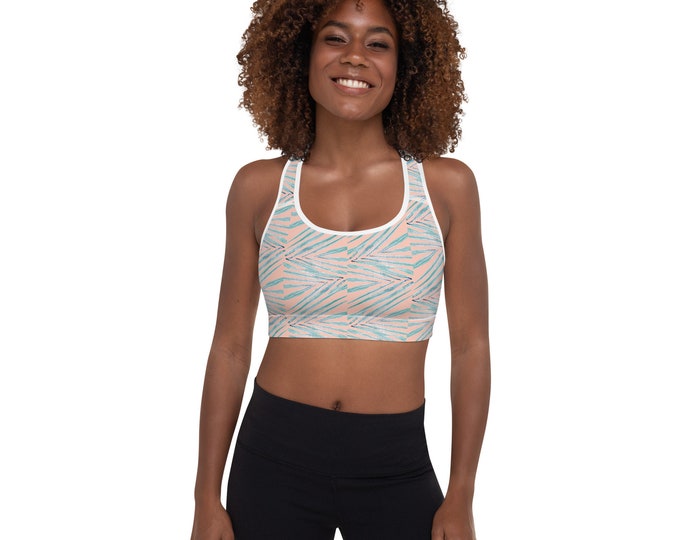 Women's Padded Sports Bra, Coral Blush Pink Palm Leaf Print