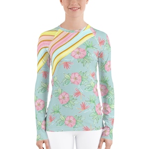 Women&#39;s Rash Guard Pastel Stripes and Flowers