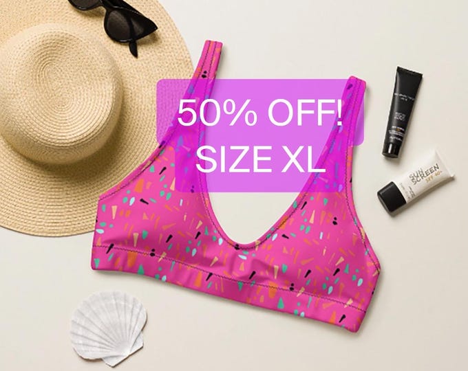 WAS 46.00 NOW 23.00 , Size XL, Recycled Padded Bikini Top Hot Pink Abstract Print