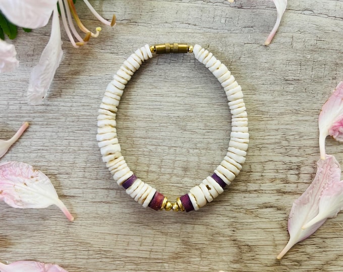 Vintage Puka Shell Bracelet, Purple & Gold Accents