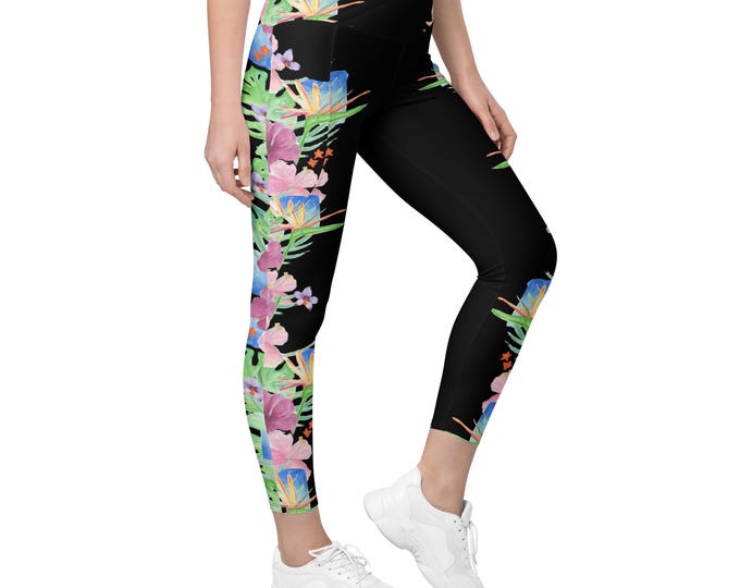 Crossover leggings with pockets, Black Hawaiian Print, Size Inclusive, Plus Size