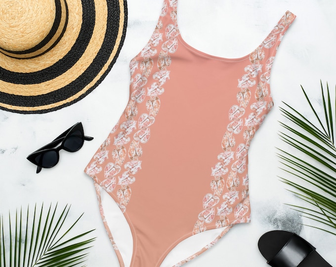 Backless One-Piece Swimsuit, Low Back, Peach Fuzz Floral Print