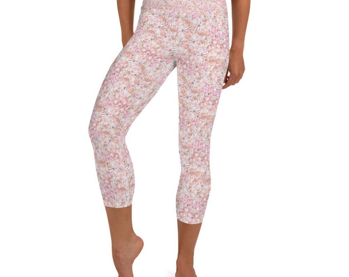Yoga Capri Leggings Pink Tropical Florals