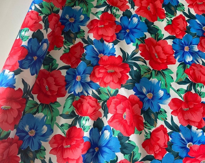 Vintage Thai Silk Fabric, by The Yard, Red White Blue Floral Print