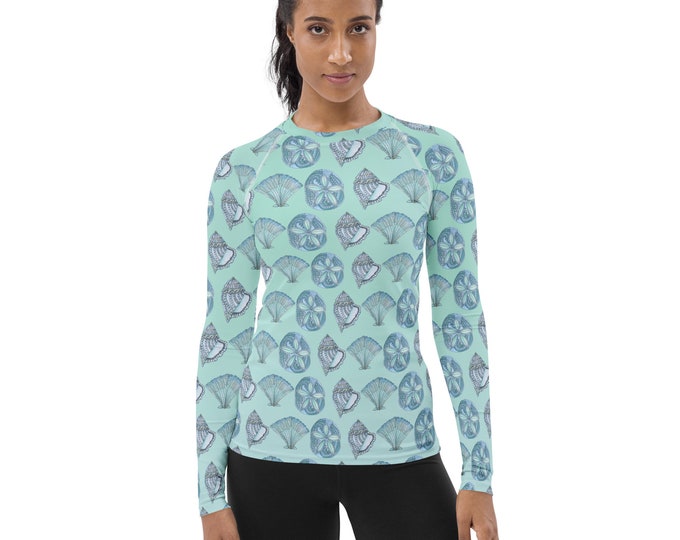 Women's Rash Guard Aqua Blue Seashells