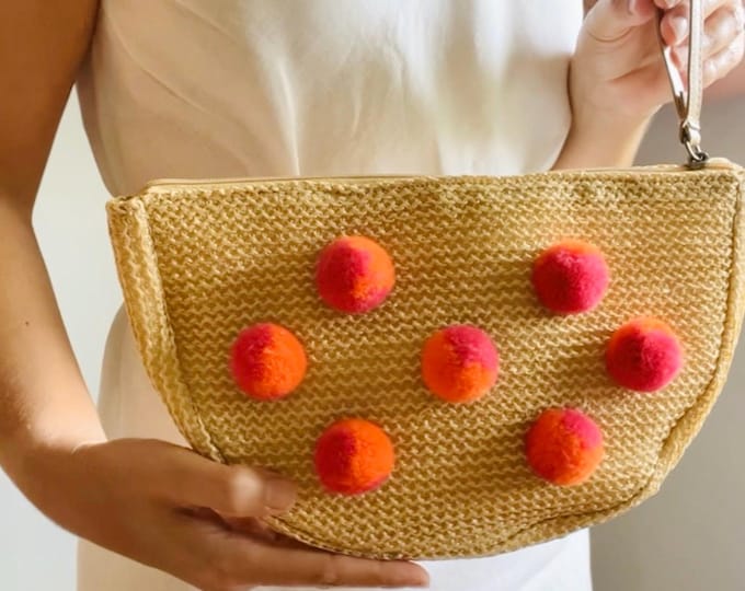 Pom Pom Rattan Clutch with Wrist strap