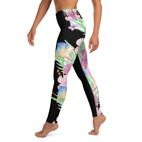 High Waist Yoga Leggings Black Tropical 