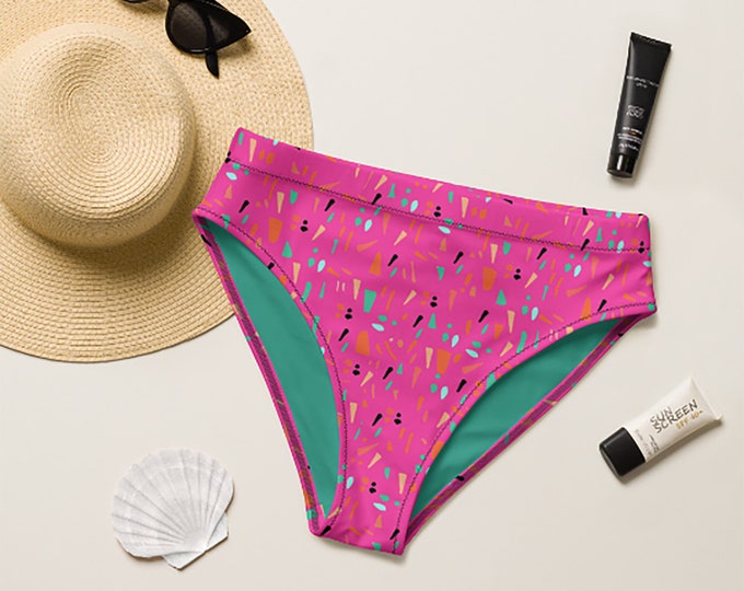 Recycled High-Waisted Bikini Bottom Hot Pink Abstract Print