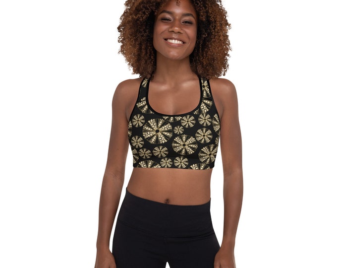 Womens Padded Sports Bra, Black Palm Leaf Print