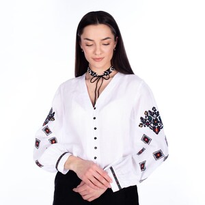 Linen Blouse for Women, Embroidered White Shirt, Organic Material Wear, Holiday Vishivanka for Her, Handmade Wedding Clothing