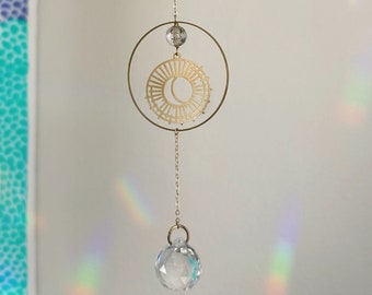 Sun and Moon Suncatcher with Clear Translucent Acrylic Gold Star Bead and Glass Crystal Rainbow Maker Prism