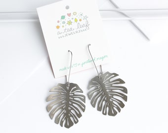 Monstera Deliciosa Silver Tone Leaf Earrings. Houseplant handmade jewelry.