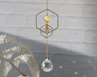 Gold Honeybee Honeycomb Suncatcher with Citrine Quartz Crystal Gemstone and Glass Crystal Rainbow Maker Prism