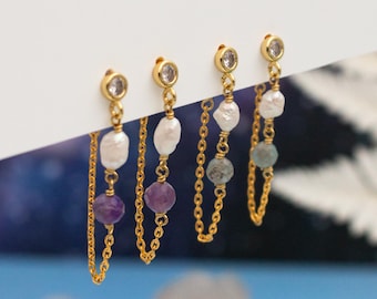 Orbit Loop Freshwater Pearl Amethyst Apatite Gemstone Beaded Dangle Earrings: Handmade Wire-Wrap Chain Ear Jackets