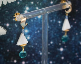 Sailing Under Moon Mother of Pearl Shell Beaded Dangle Earrings: Handmade Wire-Wrapped Boats