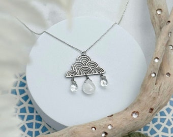 Limited Edition Rain Cloud Necklace with Quartz and Glass Raindrop Beads - Inspired by Seigaiha Wave Pattern