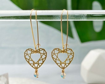 Delicate Heart Gem Opalite Gemstone Gold Dangle Handmade Earrings - Limited Edition - Innerstellar Love Jewelry Collection