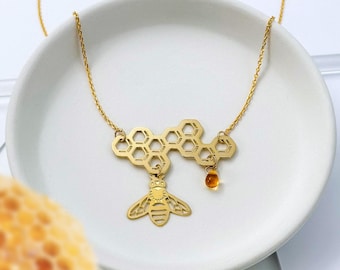 Honeybee & Honeycomb Lightweight Statement Necklace with Czech Glass Honeydrop