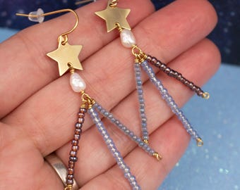 Shooting Star Pearl Beaded Gold Dangle Statement Earrings