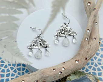 Limited Edition Rain Cloud Earrings with Quartz and Glass Raindrop Beads - Inspired by Seigaiha Wave Pattern