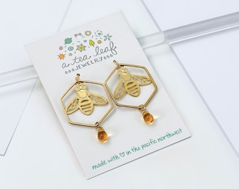 Honeybee & Hexagon Statement Earrings with Czech Glass Honeydrops