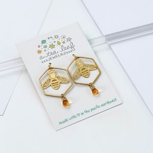 Honeybee & Hexagon Earrings with Czech Glass Honeydrops