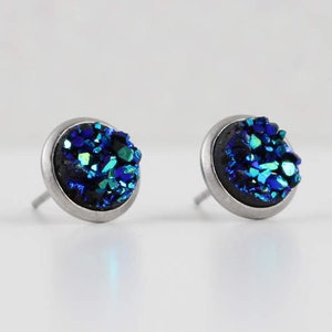 Blue Green Sparkly Iridescent Druzy Crystal Stone Post Earrings image 2