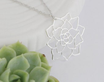 Succulent Echeveria Silver Tone Lightweight Necklace. Houseplant handmade jewelry.