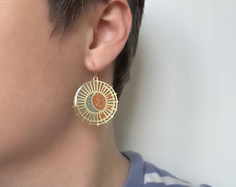 Sun and Moon Translucent Blue Orange Statement Earrings | Handmade Celestial Stained Glass-like Jewelry