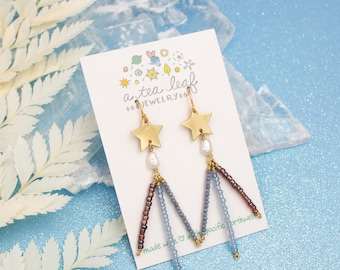 Shooting Star Pearl Beaded Gold Dangle Statement Earrings