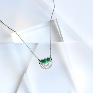 Art Deco Sunray Half Circle Silver Tone with Gemstone Lightweight Necklace