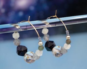 Starry Night Gemstone Beaded Gold Hoop Statement Earrings