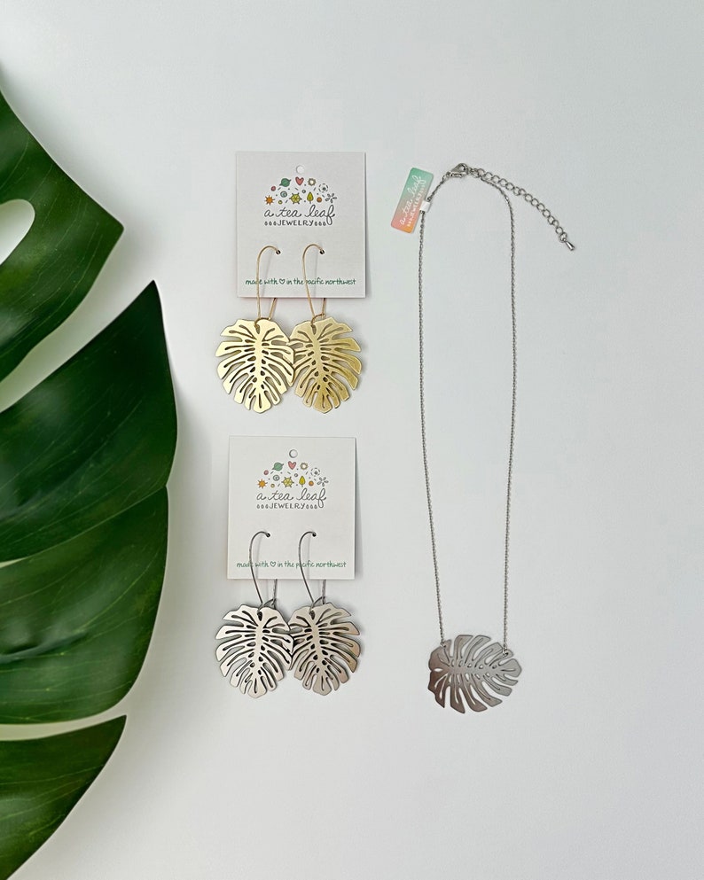 Monstera Deliciosa Leaf Dangle Earrings. Houseplant handmade jewelry. image 9