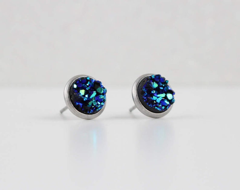 Blue Green Sparkly Iridescent Druzy Crystal Stone Post Earrings image 2