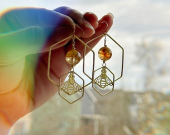 Honeybee & Hexagon Honeycomb Earrings with Citrine Quartz Crystal Stone Beads