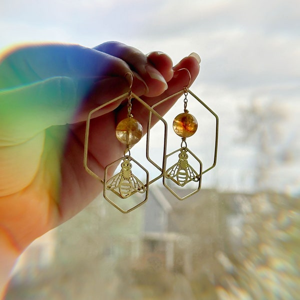 Honeybee & Hexagon Honeycomb Earrings with Citrine Quartz Crystal Stone Beads