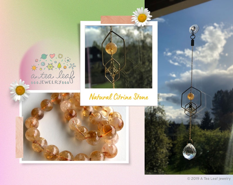 Honeybee Suncatcher with Citrine Quartz Crystal Gemstone and Glass Crystal Rainbow Maker Prism image 4