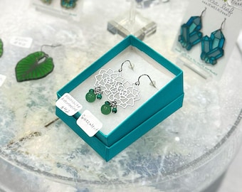 Handmade Silver Echeveria Succulent Malachite and Green Aventurine Gemstone Statement Dangle Earrings