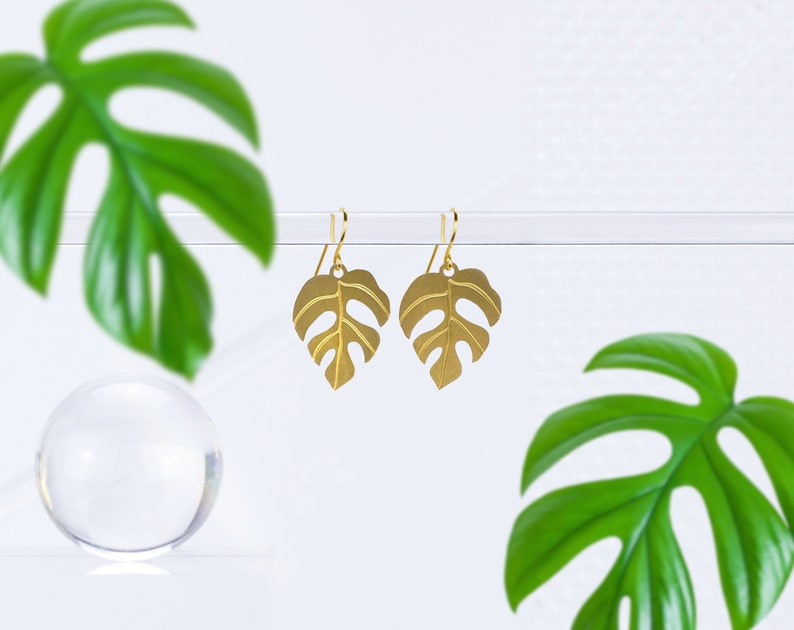 Mini Monstera Leaf Lightweight Earrings Rhaphidophora Tetrasperma Gold Plated Short