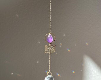 Gold Oregon State Suncatcher with Amethyst Quartz Crystal Gemstone and Crystal Rainbow Maker Prism