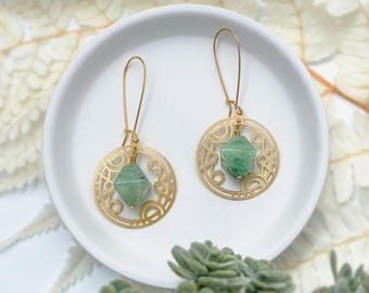 Gold Art Deco Circle Beaded Earrings with Green Aventurine Crystal Gemstone