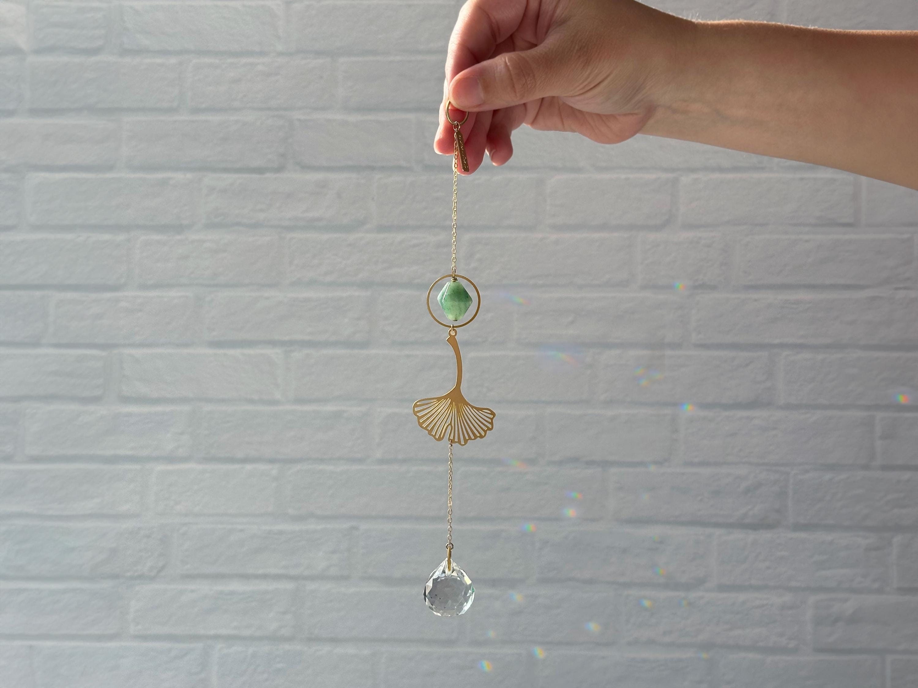 Gold Ginkgo Leaf Suncatcher with Green Aventurine Crystal Gemstone and Glass Crystal Rainbow Maker Prism