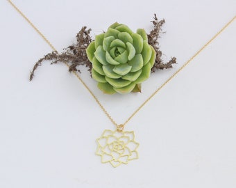 Succulent Echeveria Gold Tone Lightweight Necklace. Handmade Houseplant Jewelry.