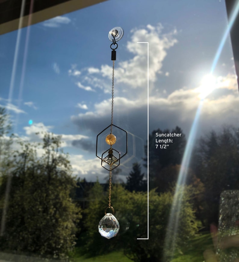 Honeybee Suncatcher with Citrine Quartz Crystal Gemstone and Glass Crystal Rainbow Maker Prism image 2
